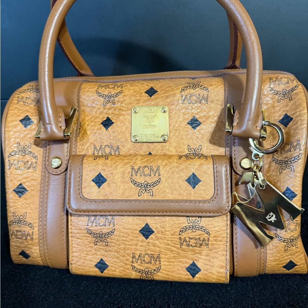 MCM Cognac Visetos Logo Satchel with Gold Hardware